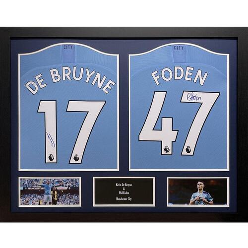 Manchester City FC De Bruyne &amp; Foden Signed Shirts (Dual Framed)